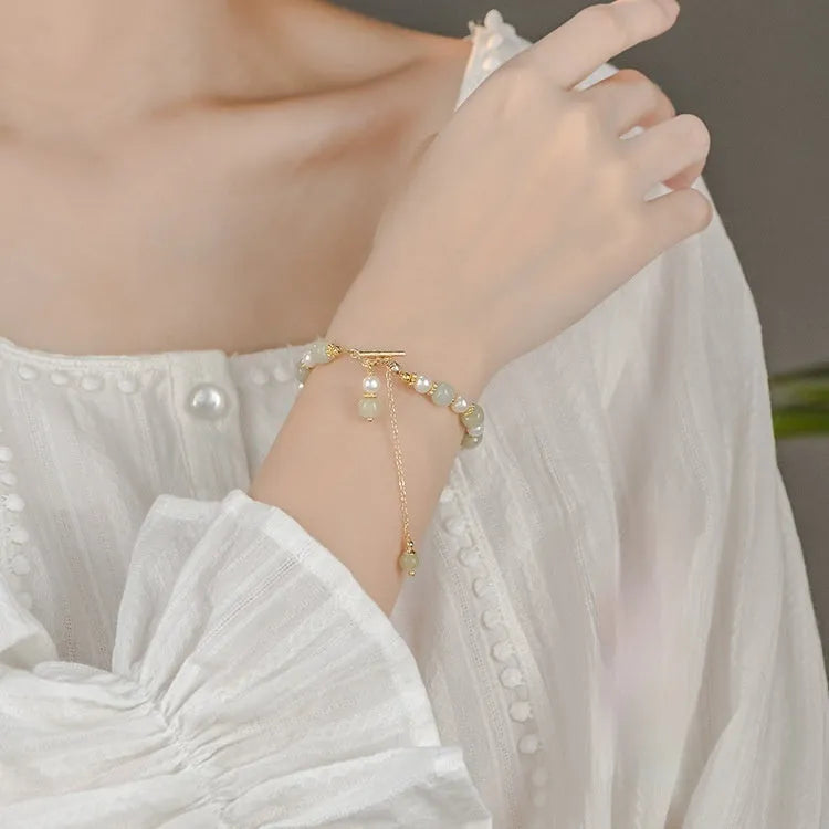 Natural Hetian jade pearl pendant women's bracelet with gold electroplated Chinese style design