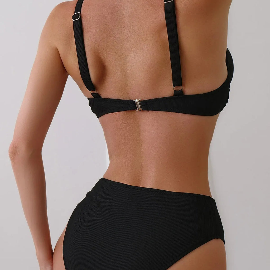 Women's rib fabric polyester bikini set in briefs style available in five solid colours
