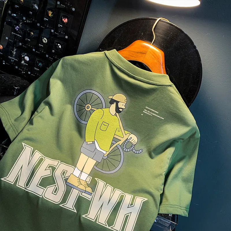 Green men's loose fit t-shirt with literary printed design on front, short sleeves