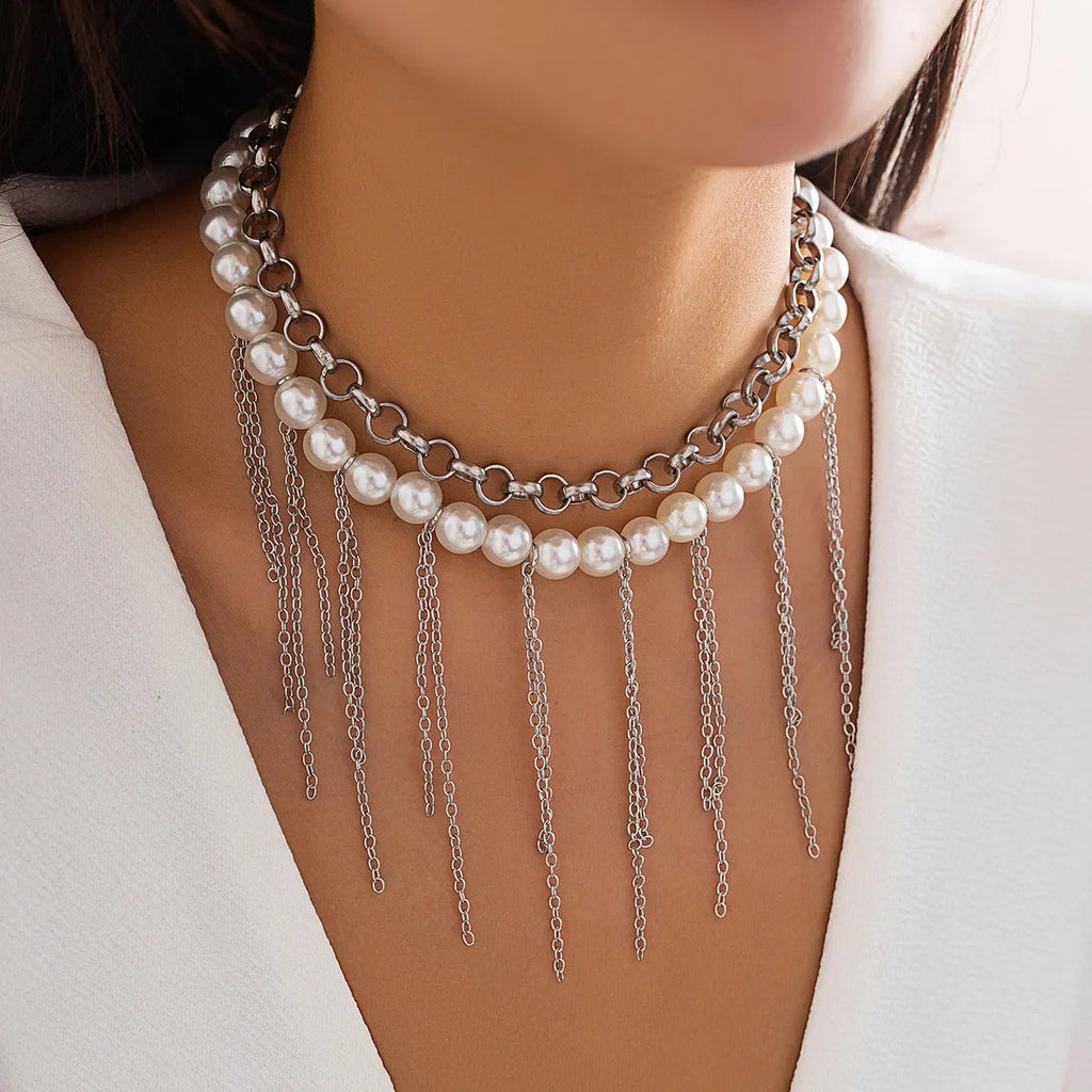 Imitation pearl tassel chain double-layer retro necklace with white K finish and geometric iron pendant