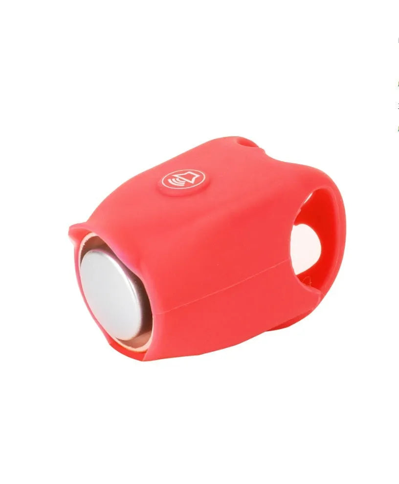 A plastic bicycle electronic horn in a choice of colours, showing handlebar mounting and two button cell batteries.