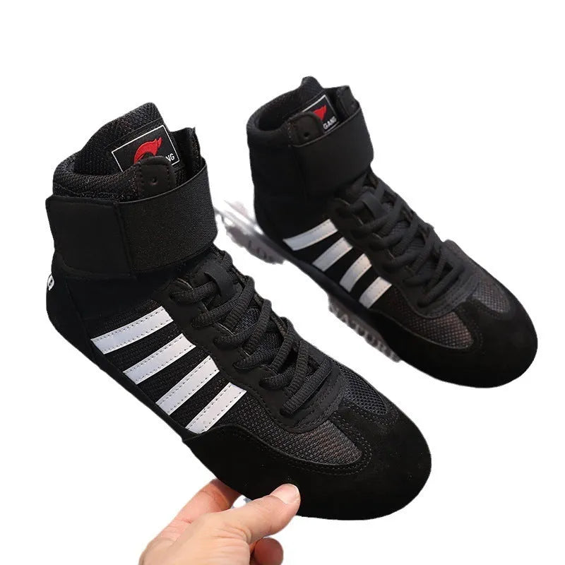 Wrestling shoes suede cowhide vertical design training boxing shoe men women S002 Black