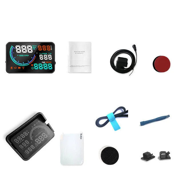Black car head up display with 5.5-inch LED screen on dashboard showing speed and fuel data