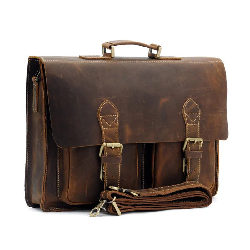 Small yellow brown Crazy Horse leather men's messenger bag with adjustable shoulder strap