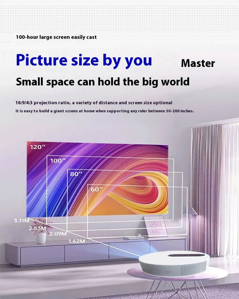 White HD home theatre projector with remote control on a wooden table.