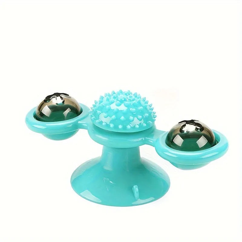 Windmill cat toy with suction cup, rotating spinner, LED ball, and catnip balls for indoor cats