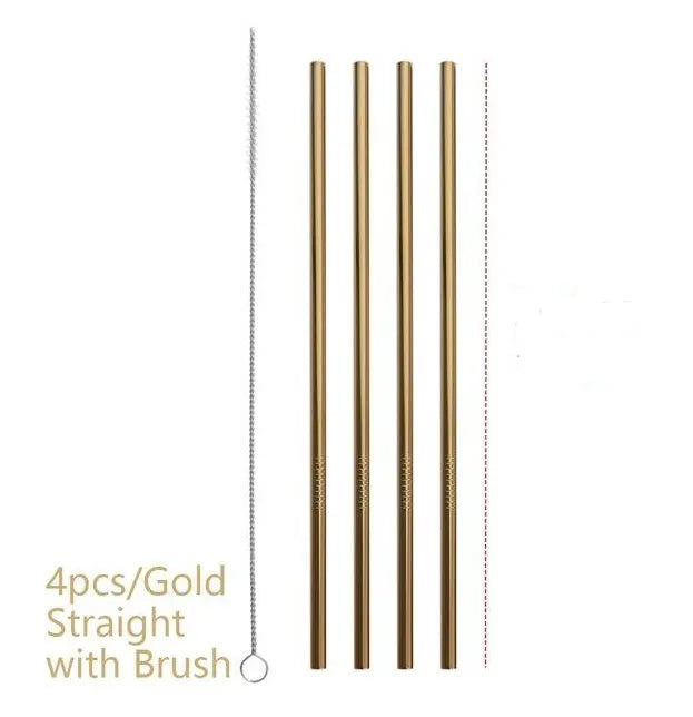Set of four colourful reusable stainless steel straws in straight and bent styles with a cleaning brush.