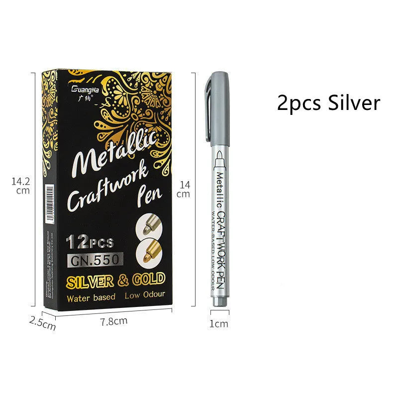Metal paint pen with plastic shell, 14cm length, gold and silver ink refill colours
