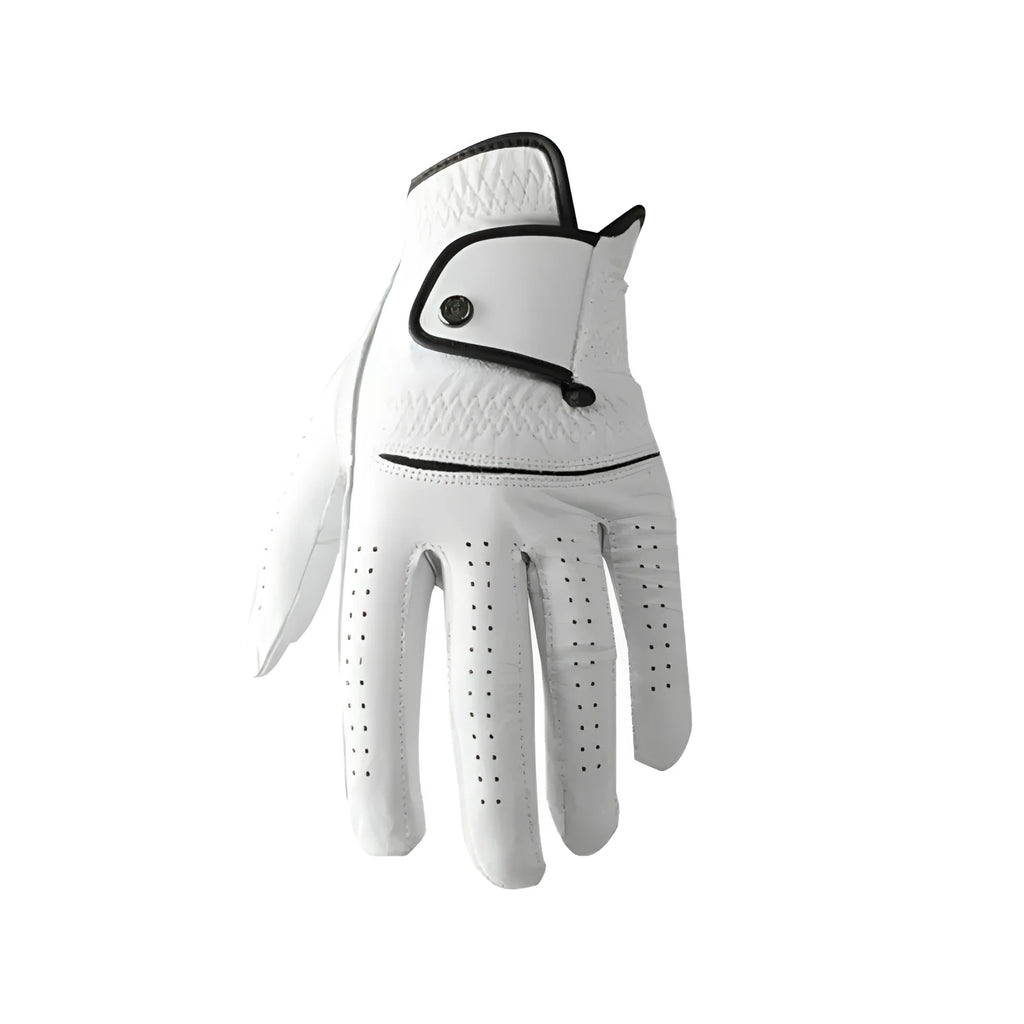 White men's golf glove showing half sheepskin leather palm on a hand.