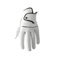 White men's golf glove showing half sheepskin leather palm on a hand.