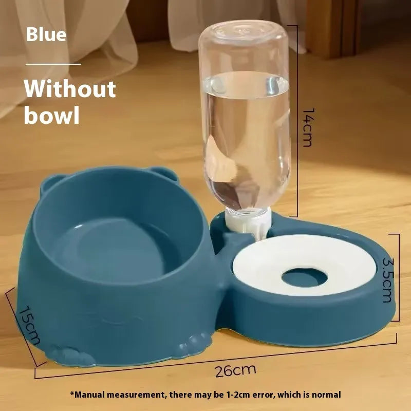Double bowl automatic cat feeder with stainless steel and ceramic bowls in a plastic base, shown in haze blue colour.