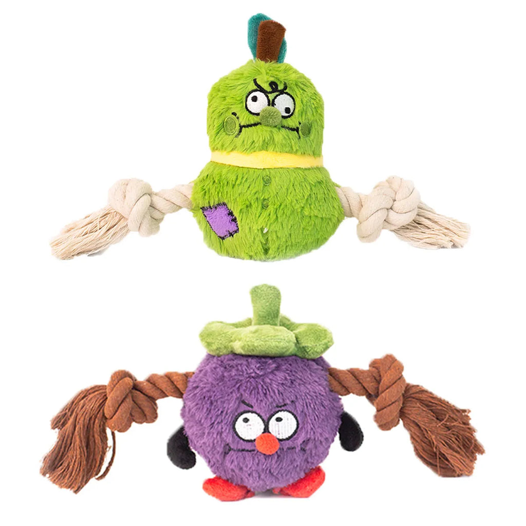 Green and purple interactive dog plush rope knot tug of war toy with bite-resistant design.