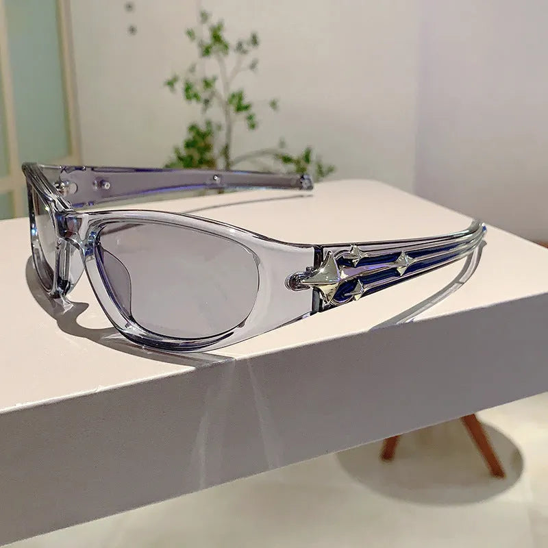 PC material windproof sports sunglasses showing black frame with blue lens option