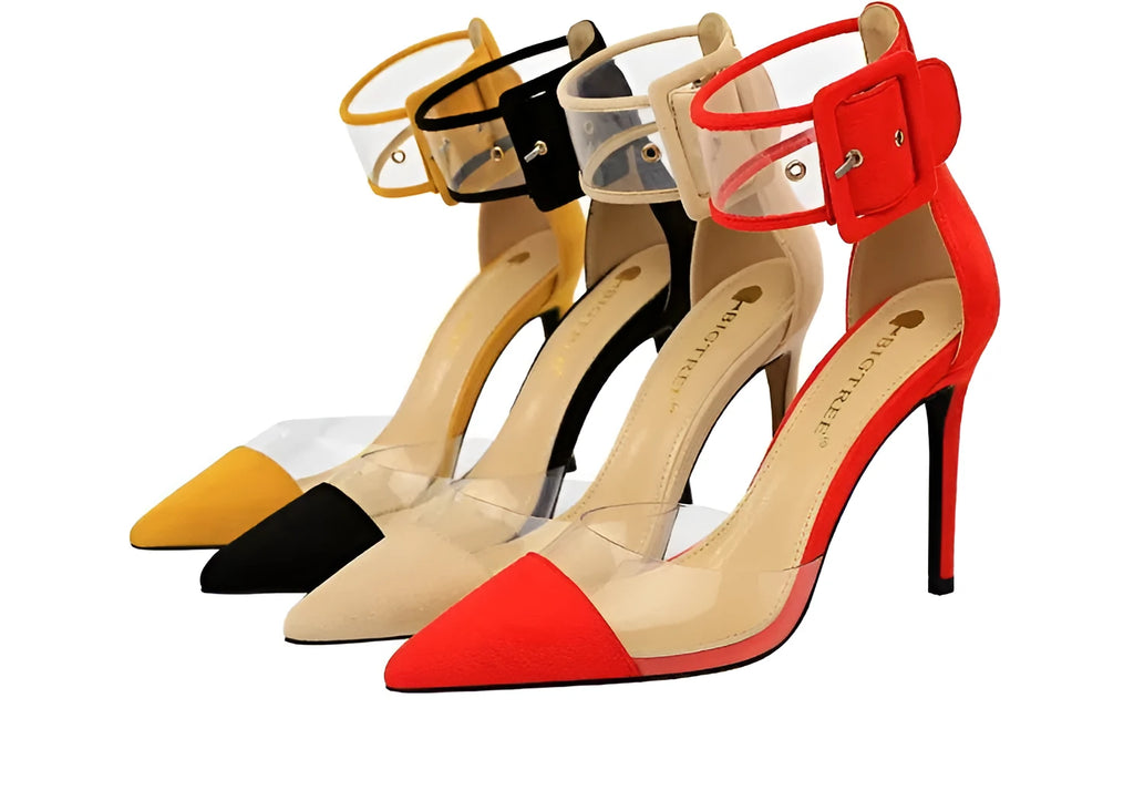 Transparent high heels with ankle strap in apricot colour, clear PU upper, rubber sole, size range 34 to 43