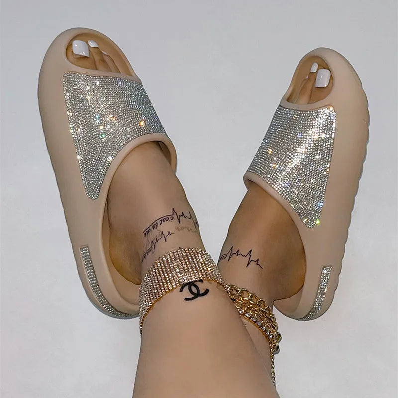 Women's rhinestone slippers with peep-toe thick sole in apricot, side view showing rhinestone upper and EVA sole