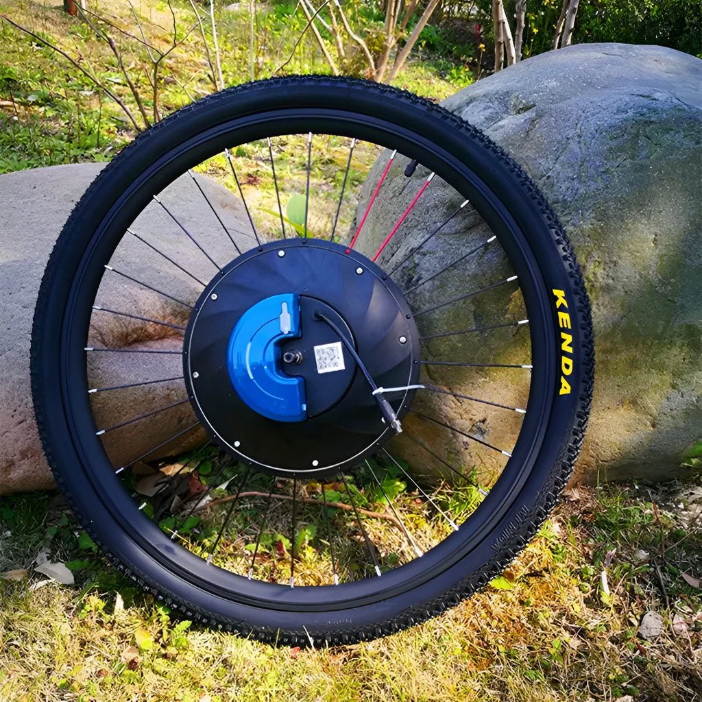 Yunzhilun 26-inch bicycle electric conversion kit showing alloy hub motor, battery, and multi-plug charger.