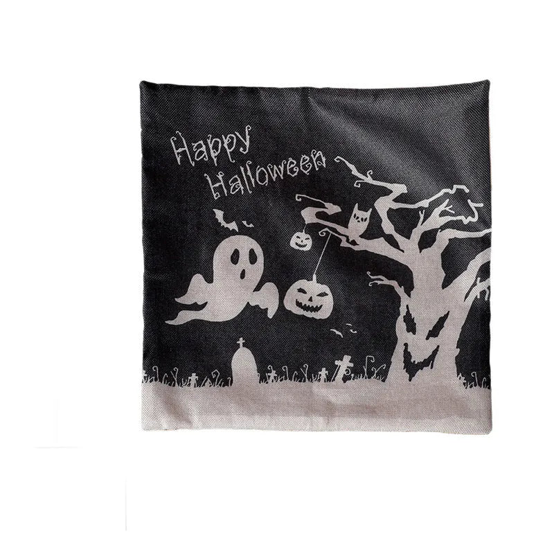 Square Halloween throw pillowcase 43x43cm in four styles: Castle, Ghost, Pumpkin, Witch on a couch