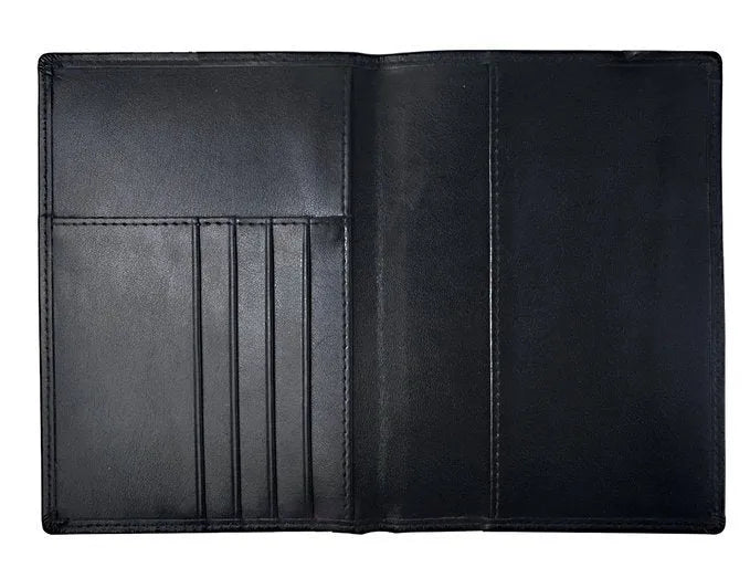 Black RFID antimagnetic passport holder made of genuine leather, open showing card slots and passport slot, 15cm long.