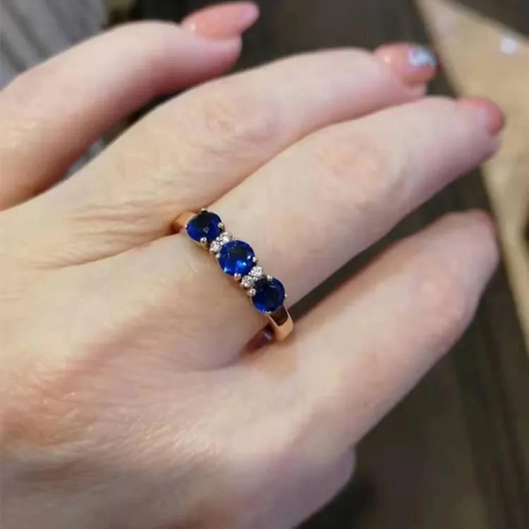 Copper geometric ring with blue stone inlay, rose gold and purple gold electroplating, adjustable opening for women