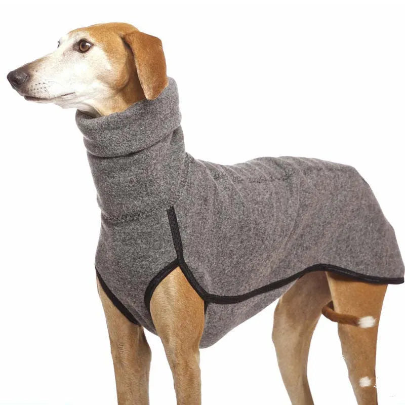 Rabbit fleece two-legged dog coat with high collar in army green, sizes S to 5XL for medium large dogs.
