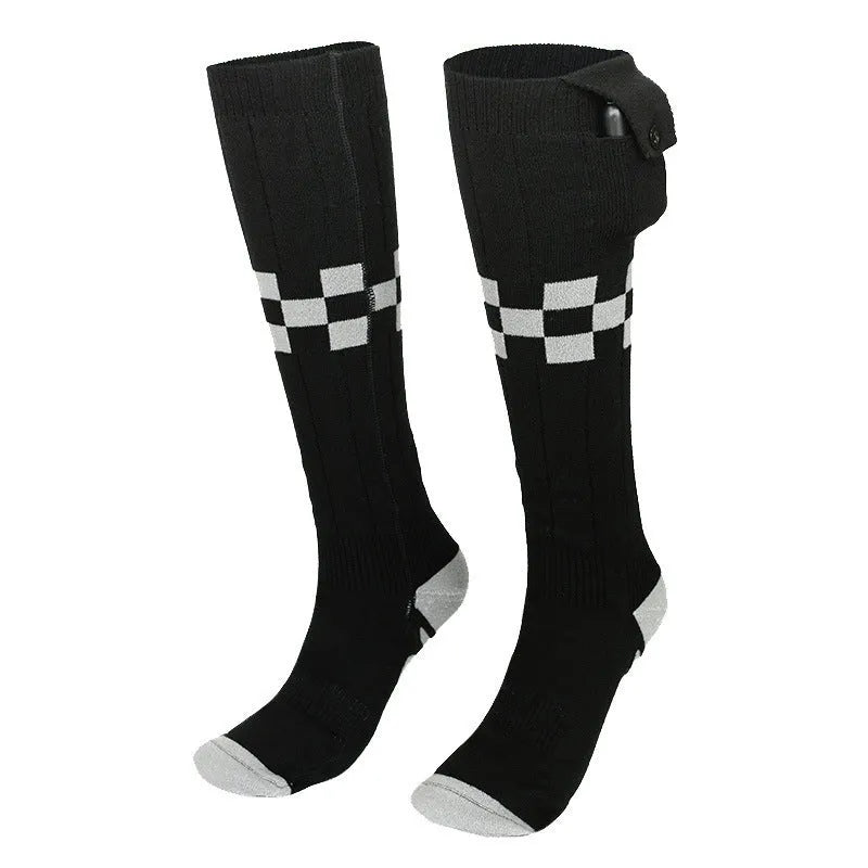 Smart APP controlled heated ski socks in black and gray mesh with far infrared heating and USB rechargeable battery