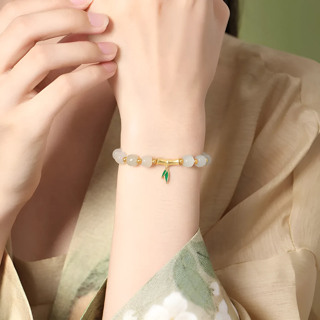 Women's S925 sterling silver bracelet with 6mm Hetian jade bamboo leaf beads in gold colour finish