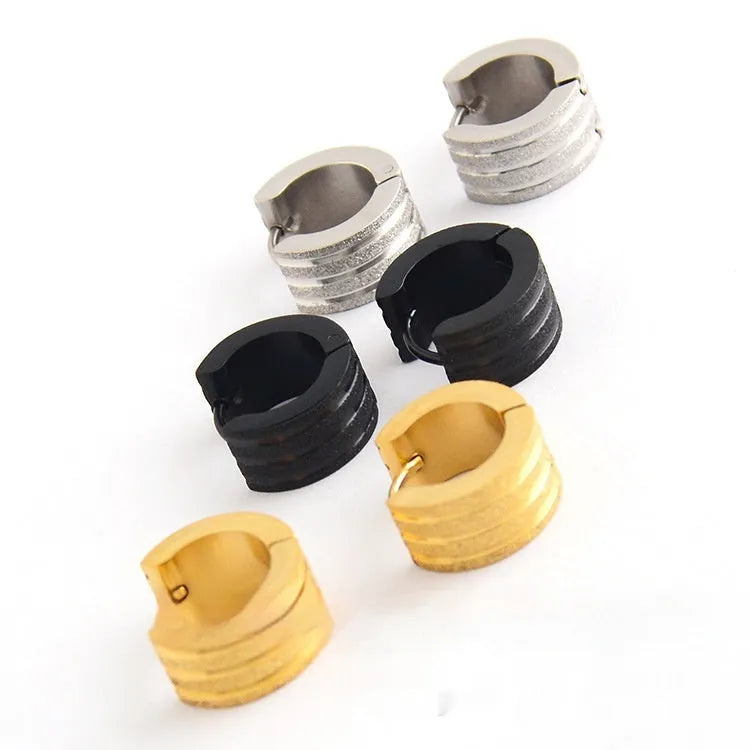 Titanium steel three-line frosted geometric earrings in black, gold or steel colours