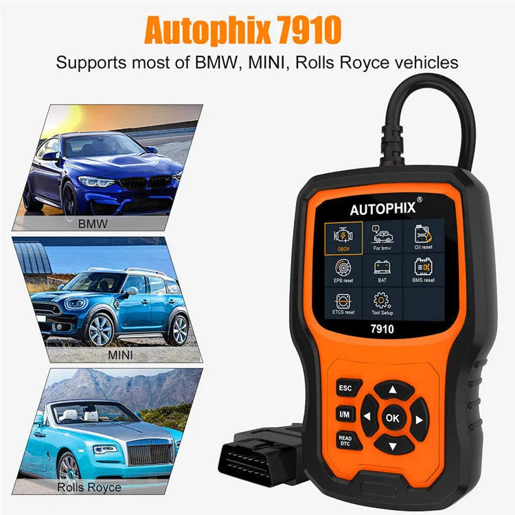 Autophix 7910 BMW diagnostic scanner with display screen and OBD2 connection cable