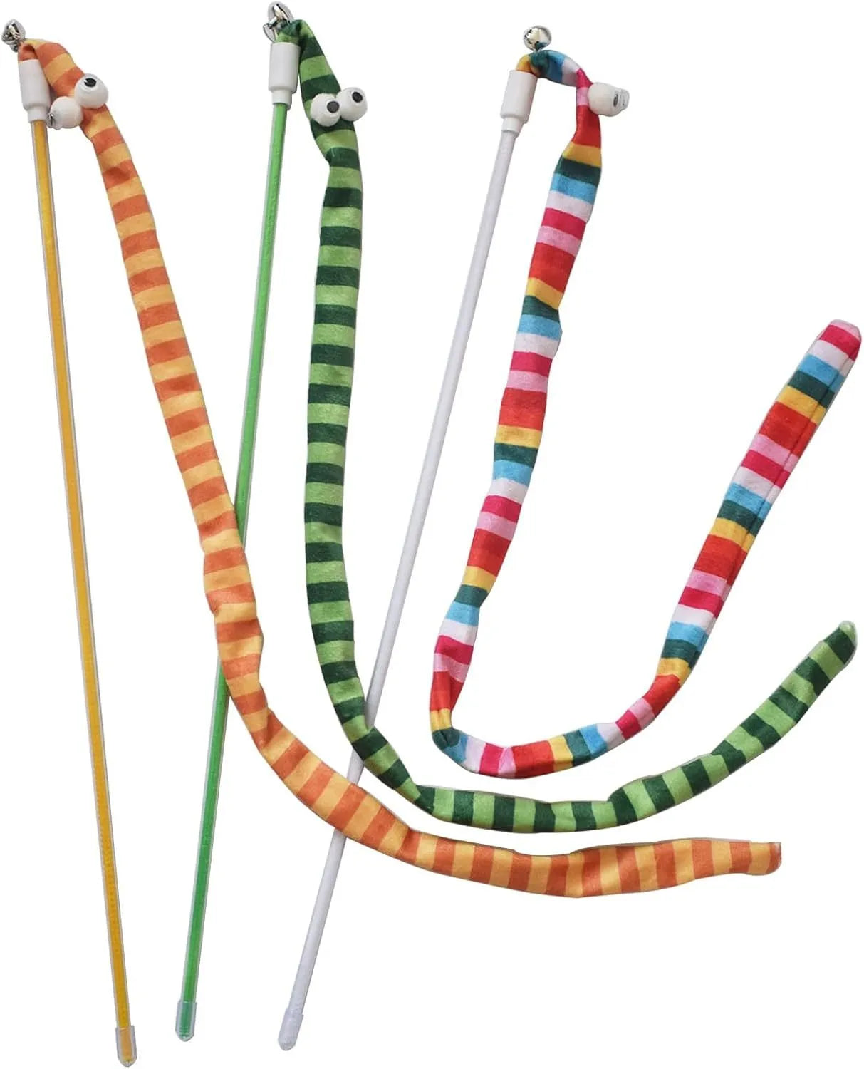 Cat wand teaser toy with a polycarbonate handle and a long green plush strip with a bell.