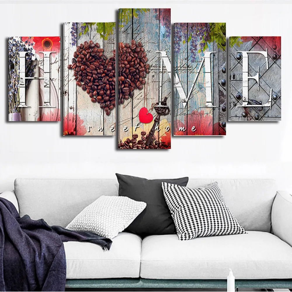 Set of five red oil painting home sweet home decoration boards in different sizes