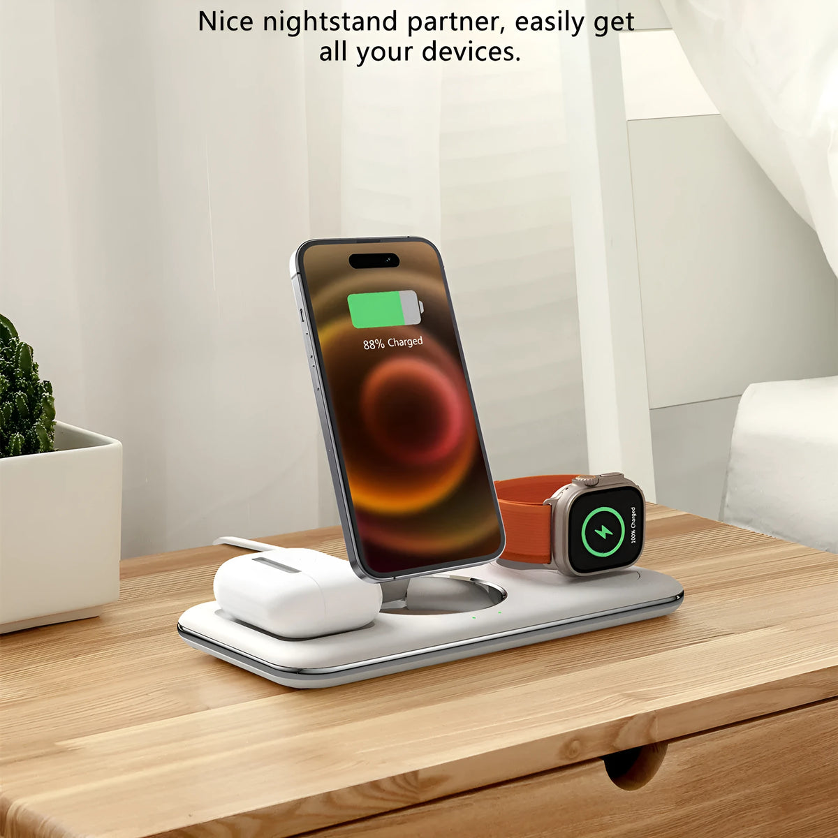 Folding magnetic wireless charger desktop bracket in white with Type-C cable for phone, headphones, and watch