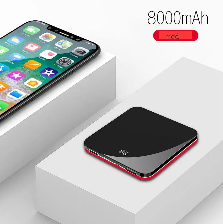 Ultra-thin mirror mini charging power bank with LCD display and alloy shell in black