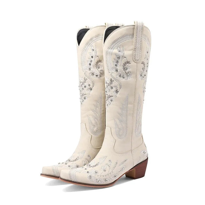 Embroidered rhinestone high-top boots with side zipper and mid heel in beige