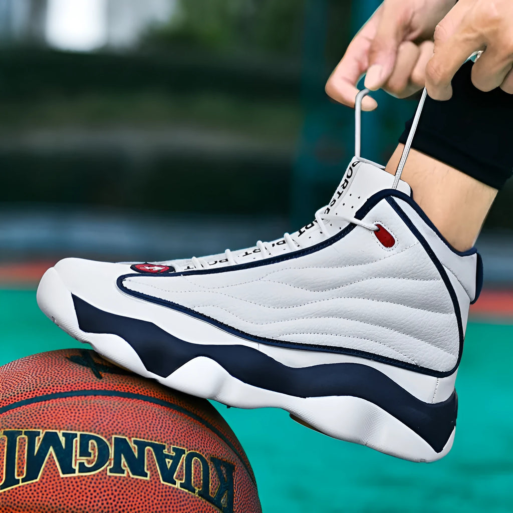 High-top basketball shoes in AJ13 colours with mesh upper and thick rubber sole on a white background
