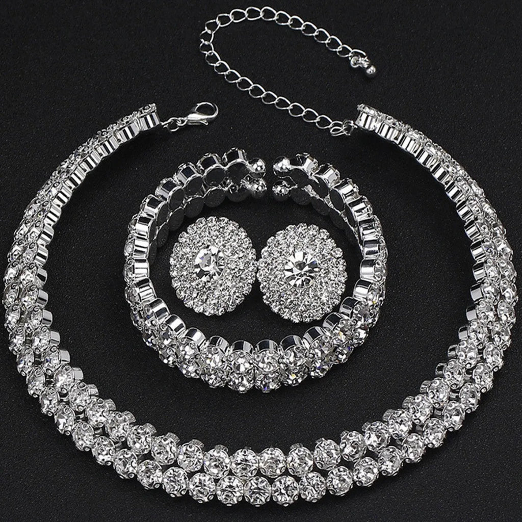 Women's rhinestone three-piece jewellery set with double-layer necklace, bracelet and ear studs in gold or silver