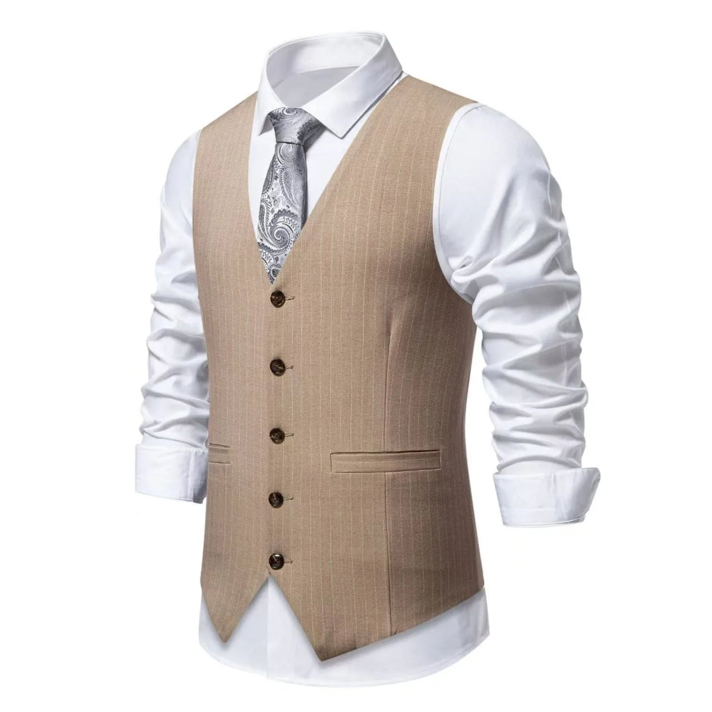 Men's striped suit vest in a choice of colours, showing miter hem and chest pocket detail.