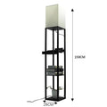 Black wooden floor lamp with fabric shade and charging shelf, D260xH1600mm, LED light