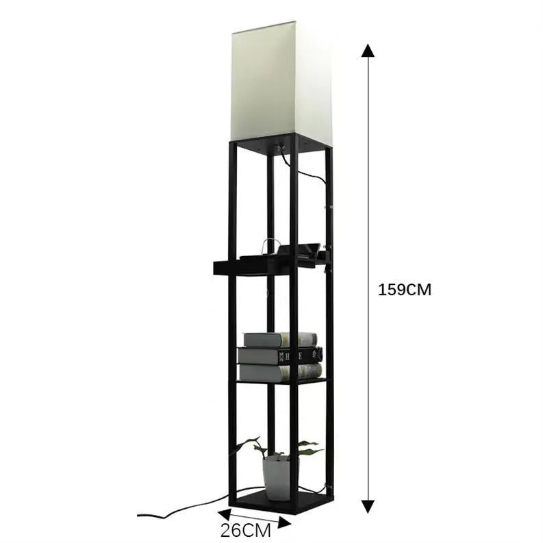 Black wooden floor lamp with fabric shade and charging shelf, D260xH1600mm, LED light