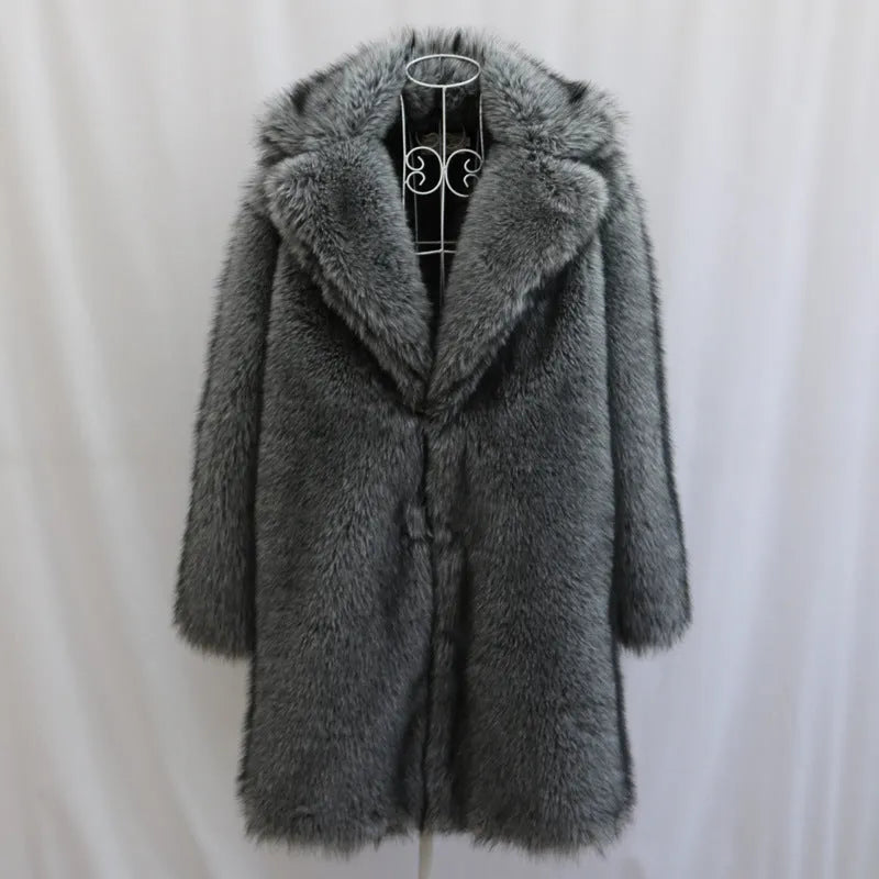 Men's dark gray imitation fox fur long-cut coat with loose fit and side pockets on a model