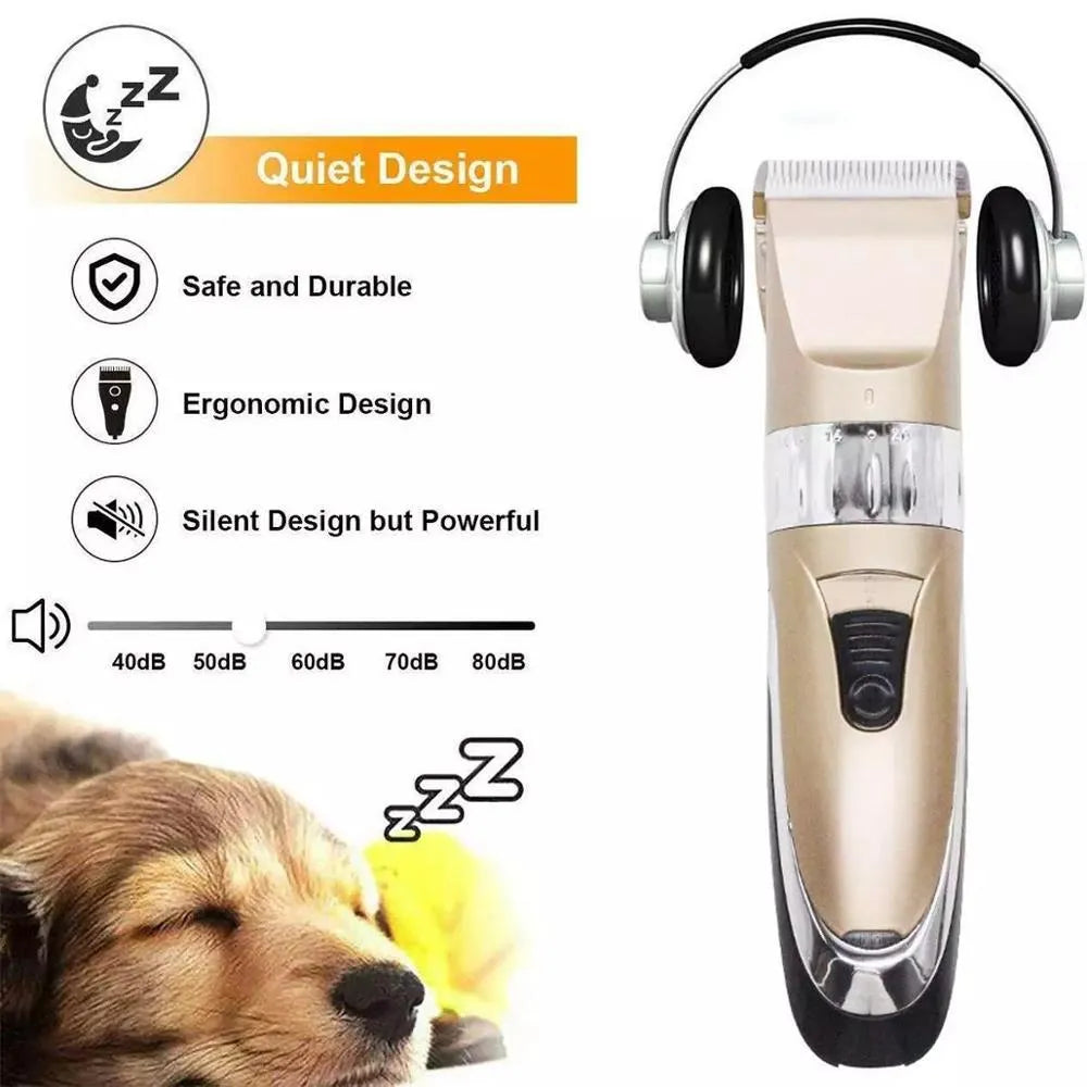 Professional pet clipper with titanium ceramic blade and four positioning combs on a table