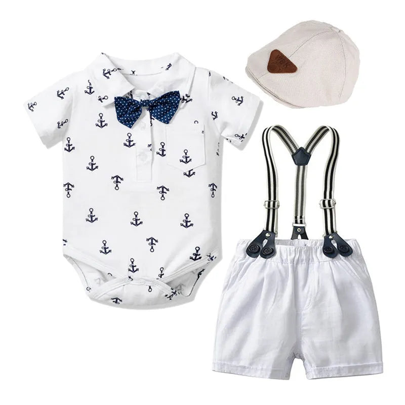 Blue and white cotton baby boy romper with triangle print and short sleeves