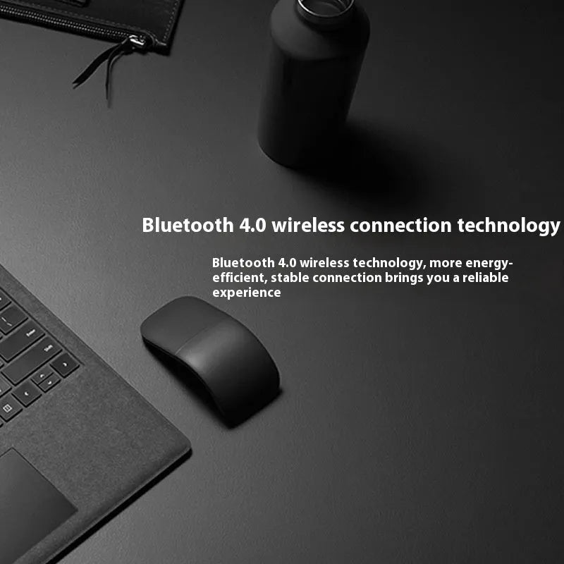 Folding Bluetooth wireless mouse shown in black colour, demonstrating compact folded and unfolded positions
