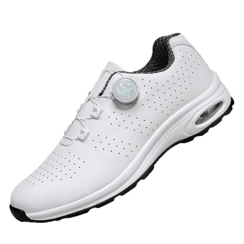 Black and white low-top men's tennis shoes with mesh upper and cross shoulder straps