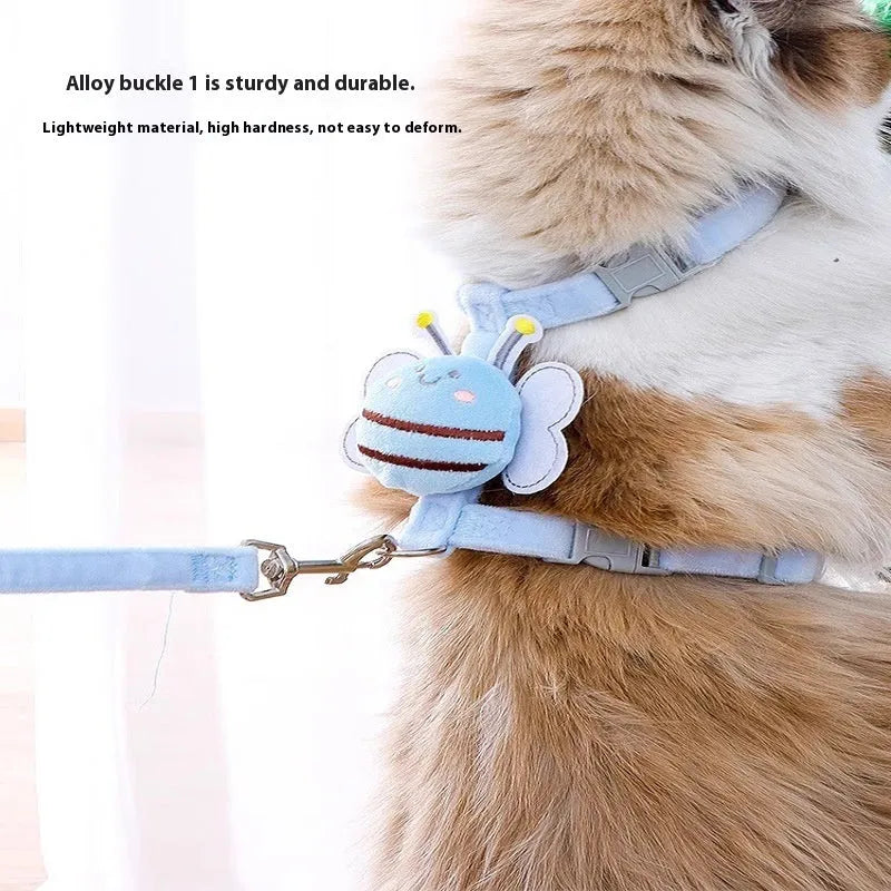 Adjustable bee-shaped teddy harness and lead for cats in blue, pink, or yellow.