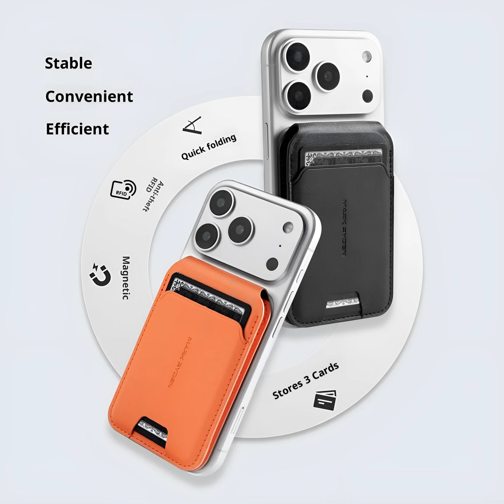 Magnetic men's phone stand wallet in solid colour, PU material, holds cards, available in elegant black