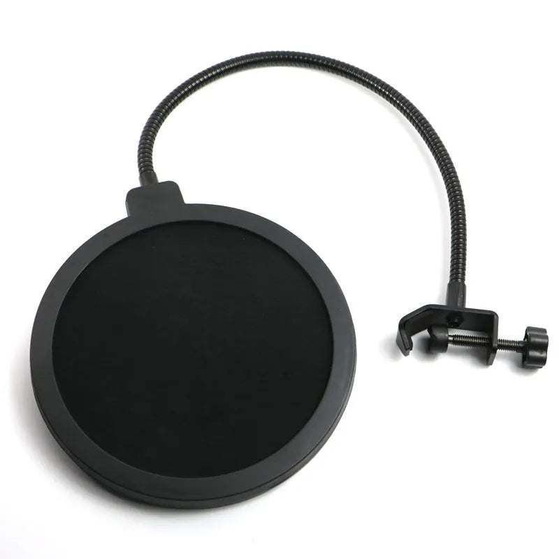 Black microphone anti-spray shock mount with elastic suspension bands on a stand