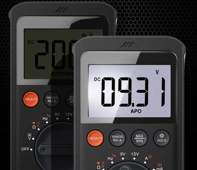 High precision digital multimeter with LCD display, black casing, 153 x 70 x 53 mm, battery powered.