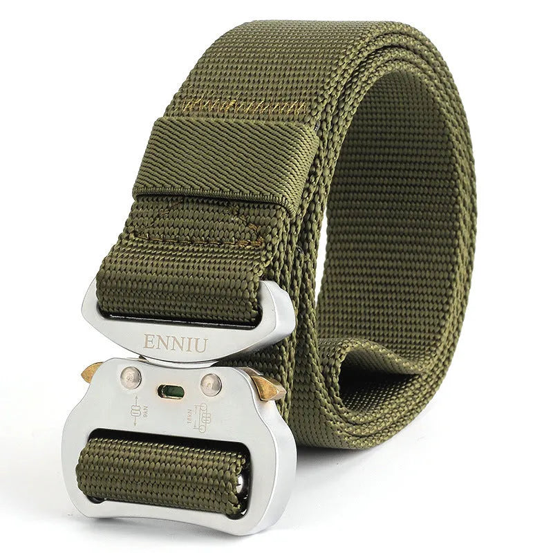 Army Fan tactical belt in nylon with aluminium buckle, 125cm length, colour Black, laid flat on surface