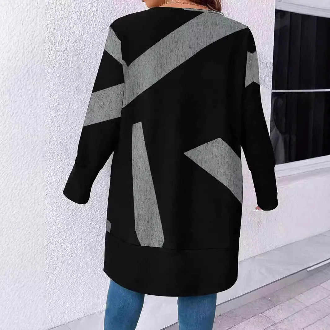 Black loose fit plus size cardigan coat with button stitching and regular sleeves