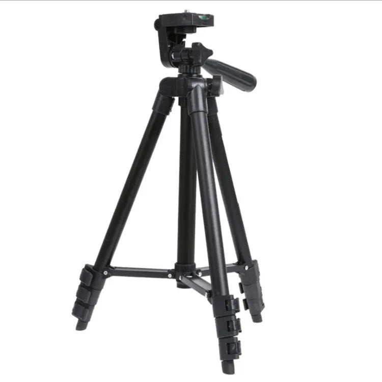 Lightweight aluminium alloy camera phone tripod with 3D pan/tilt head and quick release plate, silver or black.